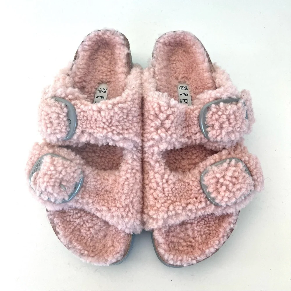 BIRKENSTOCK Papillio Arizona Rosa Pink Teddy Big Buckle Shearling Sandals Sz 39